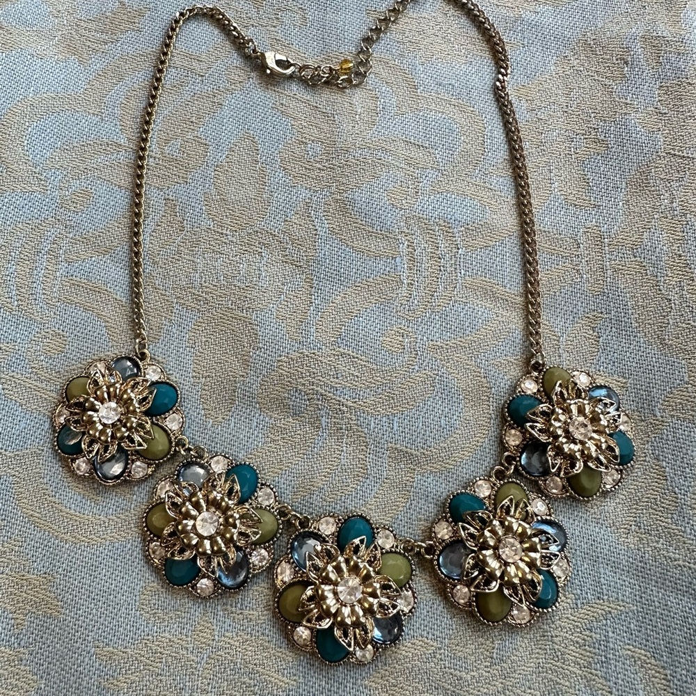 Vintage Floral Statement Necklace in Blue and Green